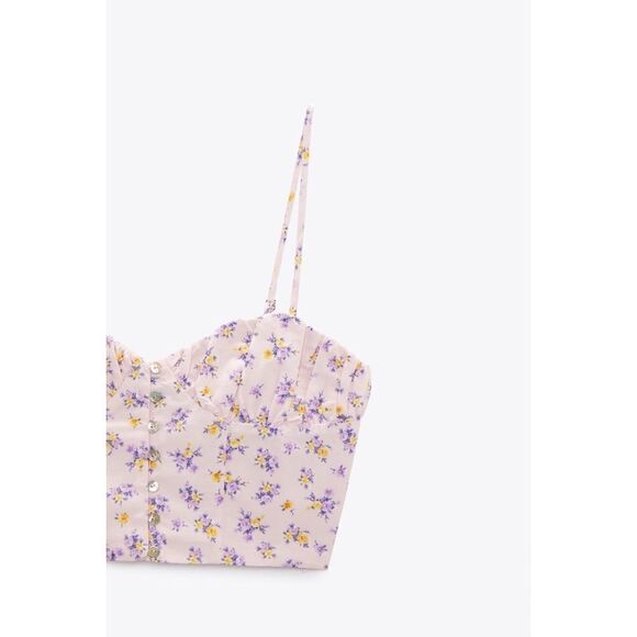 NWOT Zara Linen Blend Floral Printed Crop Top in Mauve, Size Small - Picture 10 of 16